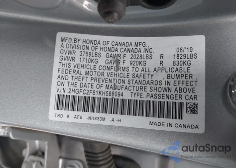 2019 Honda Civic Lx from USA, damaged, VIN 2HGFC2F61KH588094